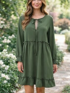 SHEIN Olive Green Ruffle Hem Tie-Neck Dress – Size Medium